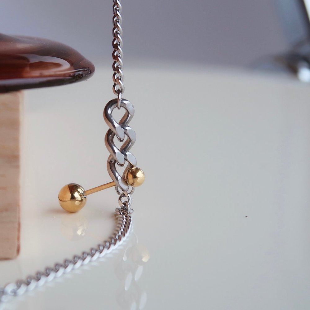 NEW Two Tone 18K Gold Plated Link Chain Gold Ball Bar Necklace - Picture 7 of 11